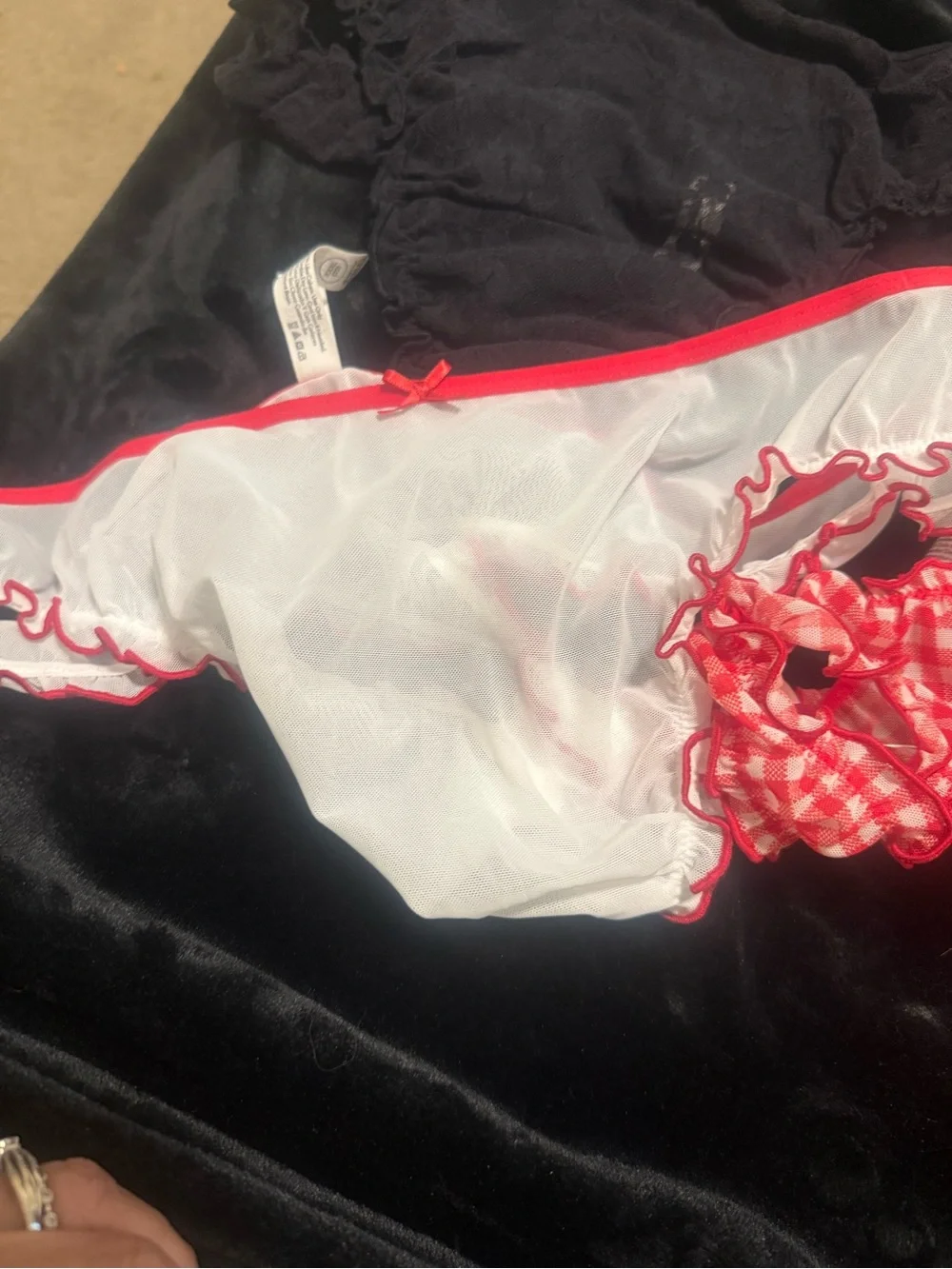 3-Pack Bikini thong- Red Gingham, White with Red Trim, Black Lace